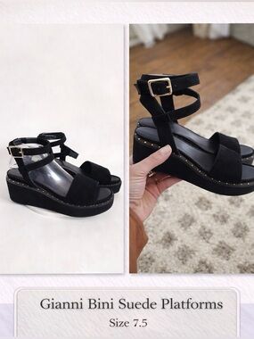 Gianni Bini Black Suede Platform Sandals Size 7.5 Ankle Strap Wedge
